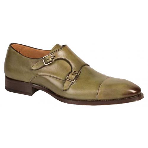 Mezlan "Cajal" 6658 Olive Genuine Burnished Italian Calfskin Cap Toe Double Monk Strap Loafer Shoes.